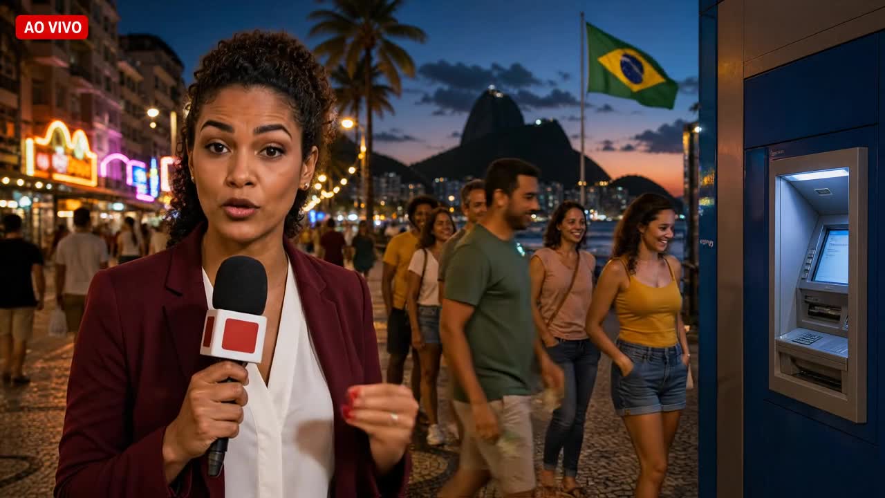 Pessoas em fila em caixa eletrônico à noite