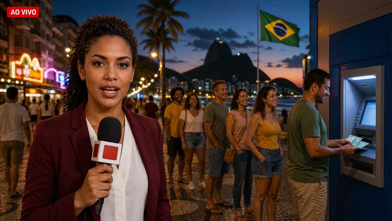 Repórter em transmissão ao vivo na orla do Rio ao anoitecer